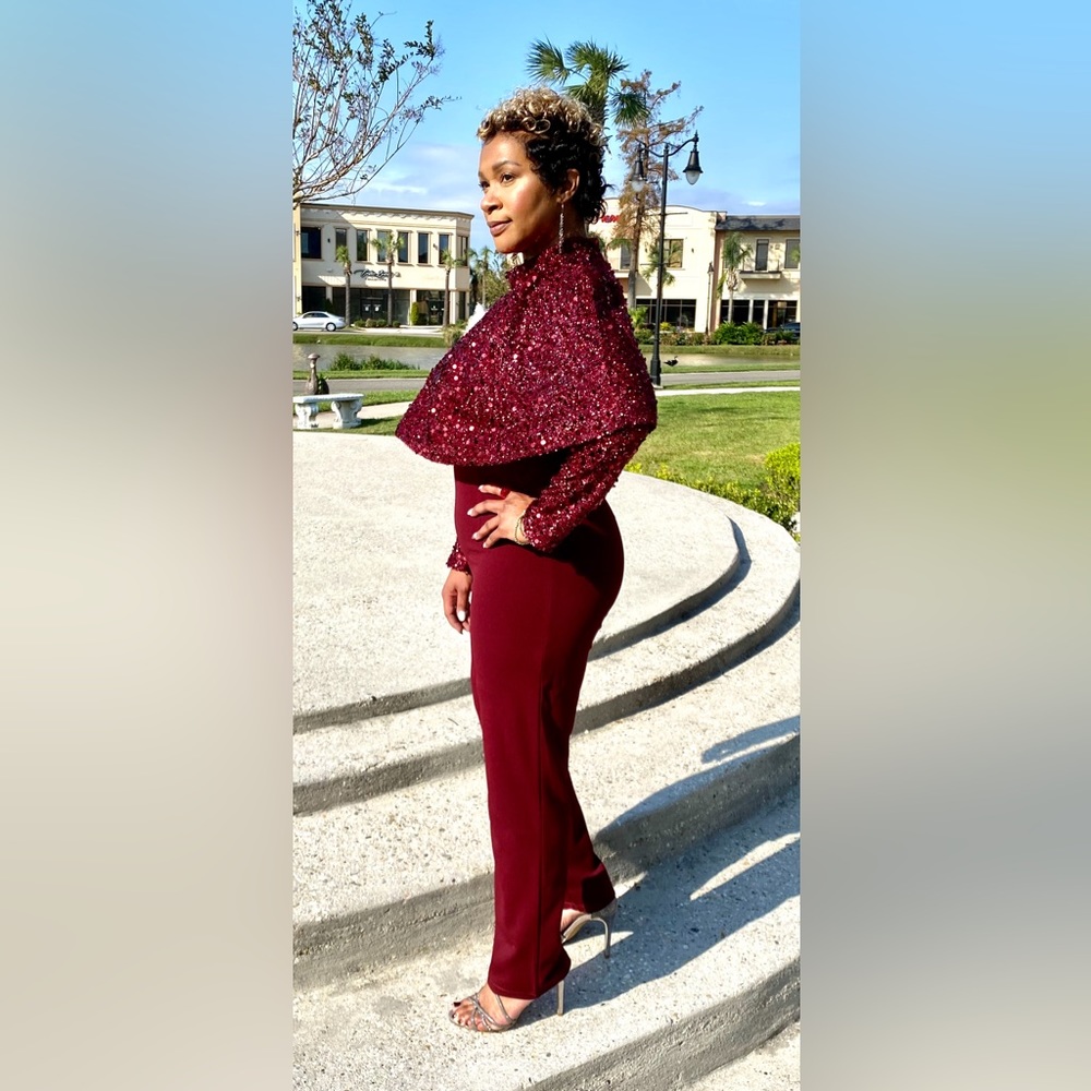 Sequin Cape Jumpsuit-Deep Garnet color. Size Large. Has Stretch.